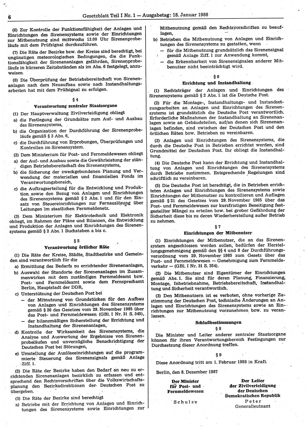 Gesetzblatt (GBl.) der Deutschen Demokratischen Republik (DDR) Teil Ⅰ 1988, Seite 6 (GBl. DDR Ⅰ 1988, S. 6)