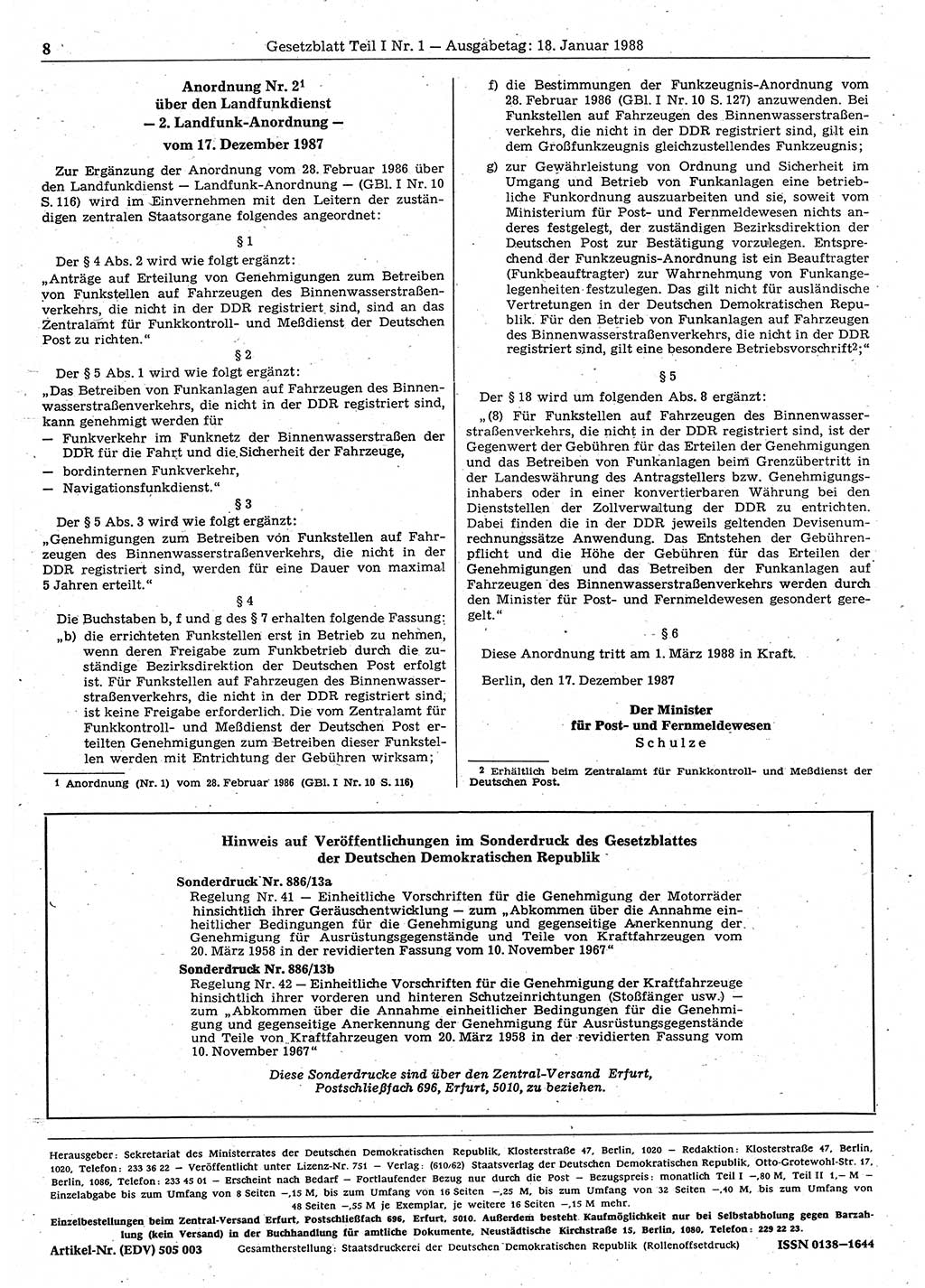 Gesetzblatt (GBl.) der Deutschen Demokratischen Republik (DDR) Teil Ⅰ 1988, Seite 8 (GBl. DDR Ⅰ 1988, S. 8)