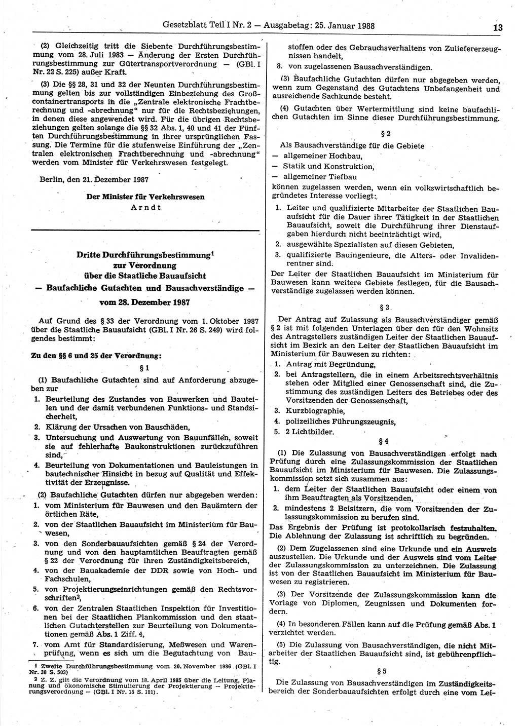 Gesetzblatt (GBl.) der Deutschen Demokratischen Republik (DDR) Teil Ⅰ 1988, Seite 13 (GBl. DDR Ⅰ 1988, S. 13)