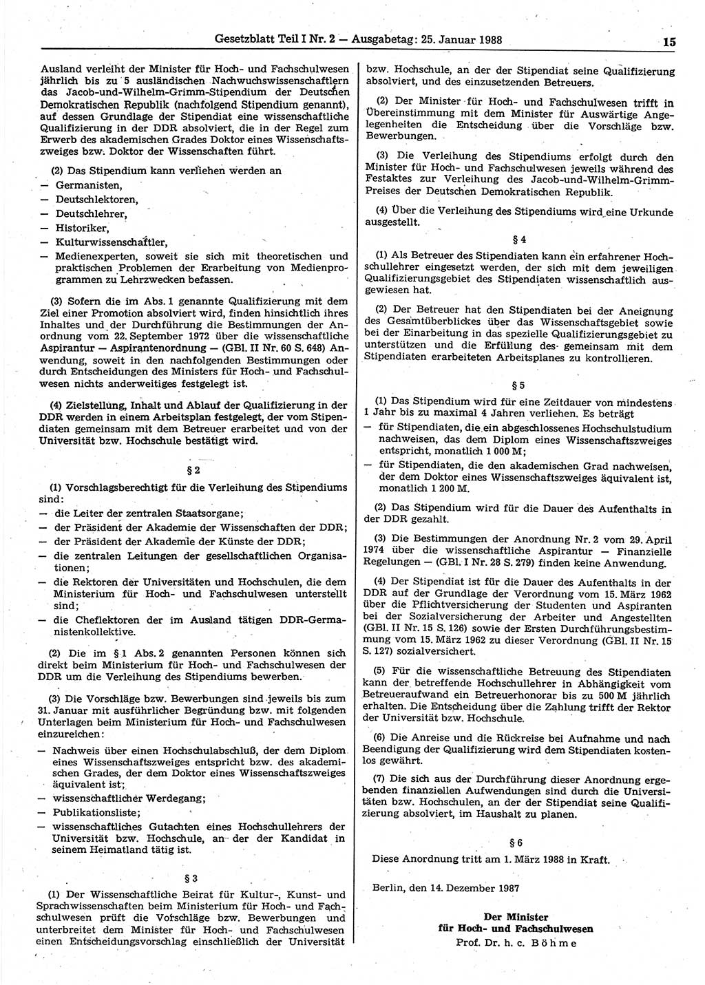 Gesetzblatt (GBl.) der Deutschen Demokratischen Republik (DDR) Teil Ⅰ 1988, Seite 15 (GBl. DDR Ⅰ 1988, S. 15)