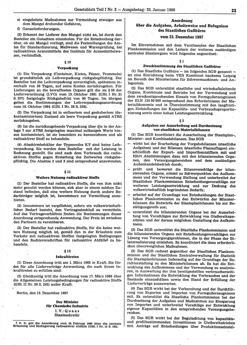 Gesetzblatt (GBl.) der Deutschen Demokratischen Republik (DDR) Teil Ⅰ 1988, Seite 23 (GBl. DDR Ⅰ 1988, S. 23)