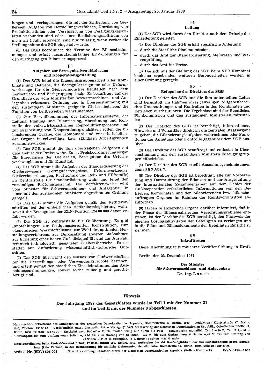 Gesetzblatt (GBl.) der Deutschen Demokratischen Republik (DDR) Teil Ⅰ 1988, Seite 24 (GBl. DDR Ⅰ 1988, S. 24)