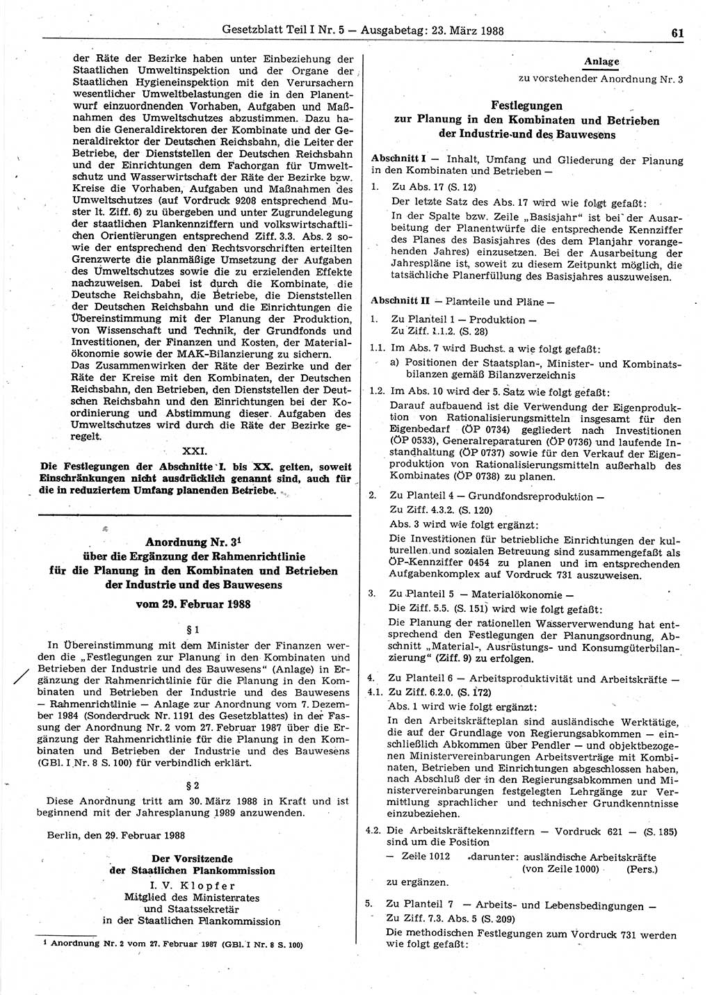 Gesetzblatt (GBl.) der Deutschen Demokratischen Republik (DDR) Teil Ⅰ 1988, Seite 61 (GBl. DDR Ⅰ 1988, S. 61)