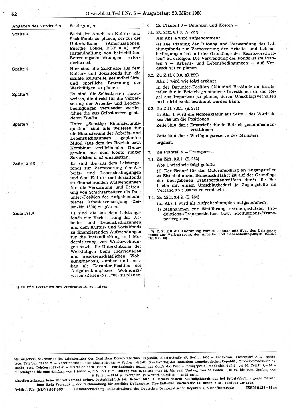 Gesetzblatt (GBl.) der Deutschen Demokratischen Republik (DDR) Teil Ⅰ 1988, Seite 62 (GBl. DDR Ⅰ 1988, S. 62)