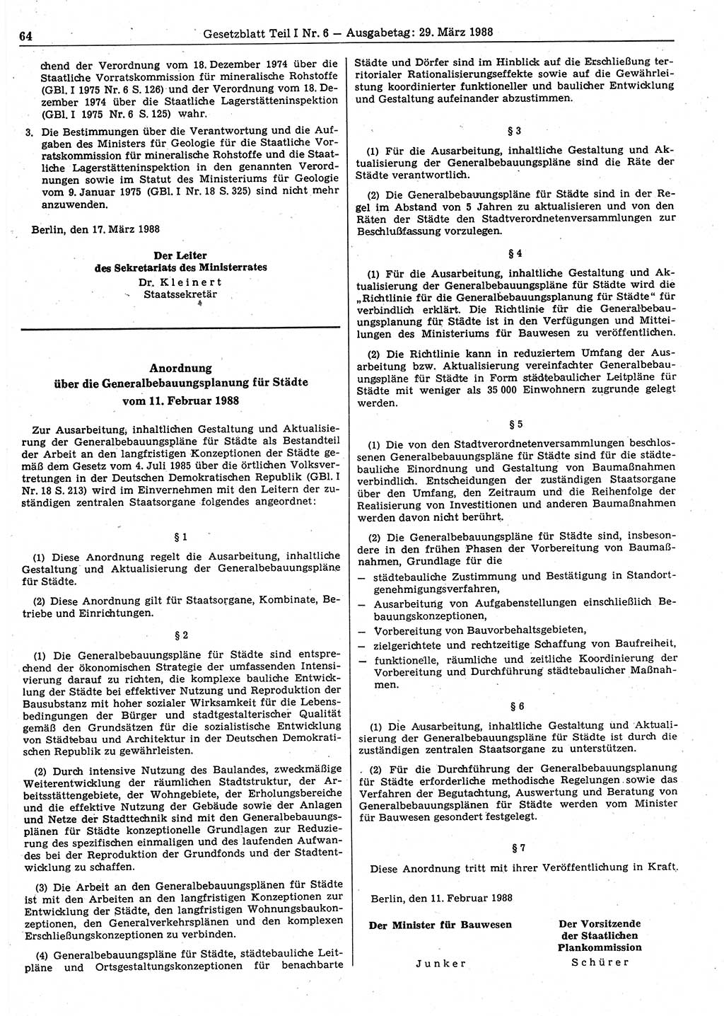 Gesetzblatt (GBl.) der Deutschen Demokratischen Republik (DDR) Teil Ⅰ 1988, Seite 64 (GBl. DDR Ⅰ 1988, S. 64)