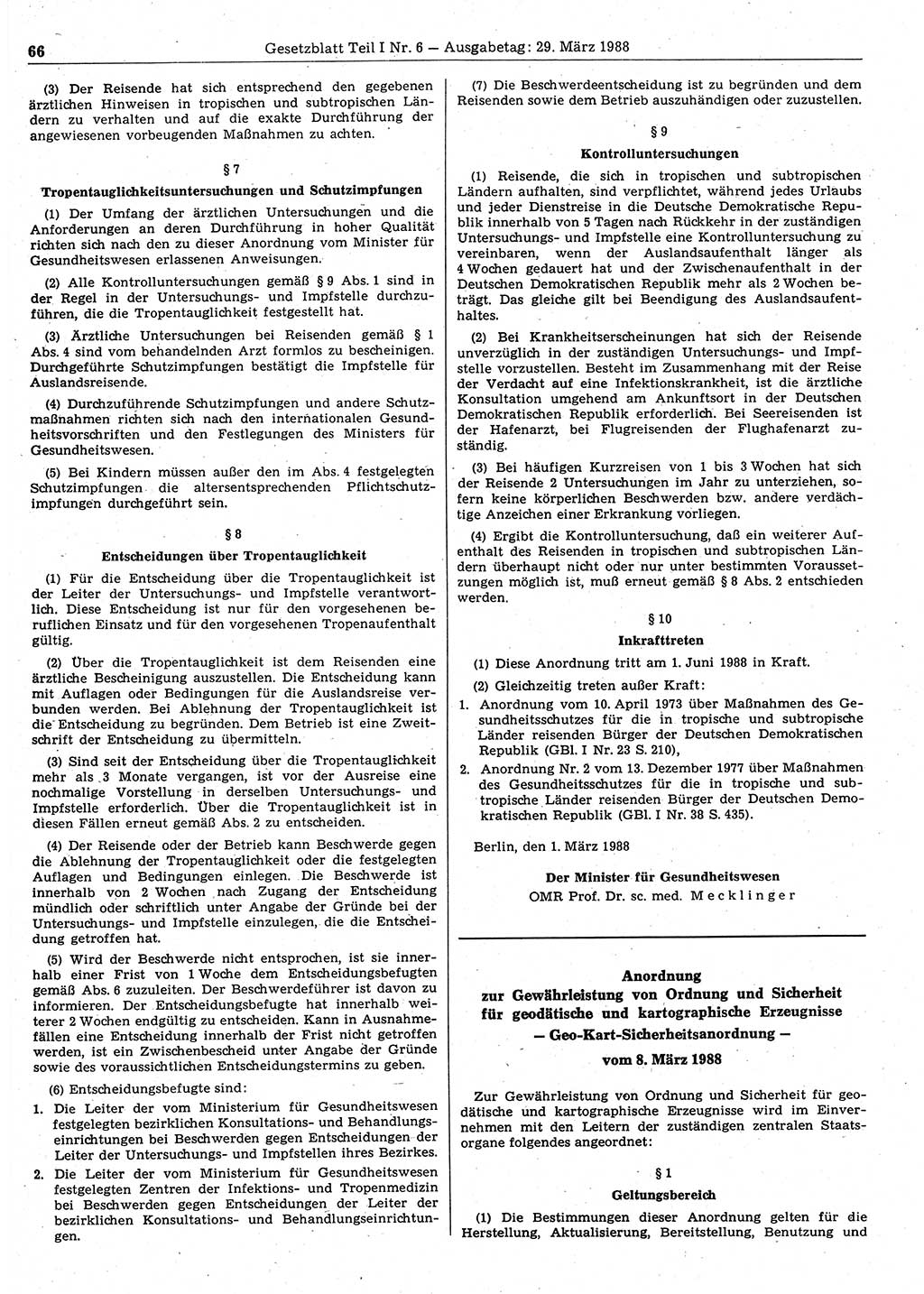 Gesetzblatt (GBl.) der Deutschen Demokratischen Republik (DDR) Teil Ⅰ 1988, Seite 66 (GBl. DDR Ⅰ 1988, S. 66)