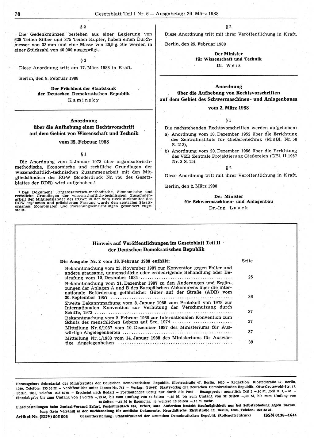 Gesetzblatt (GBl.) der Deutschen Demokratischen Republik (DDR) Teil Ⅰ 1988, Seite 70 (GBl. DDR Ⅰ 1988, S. 70)
