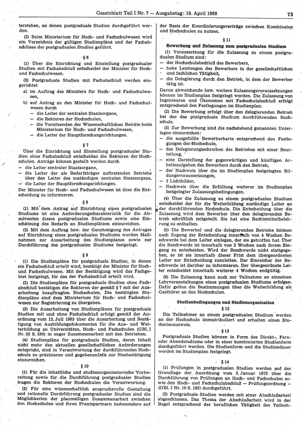Gesetzblatt (GBl.) der Deutschen Demokratischen Republik (DDR) Teil Ⅰ 1988, Seite 73 (GBl. DDR Ⅰ 1988, S. 73)
