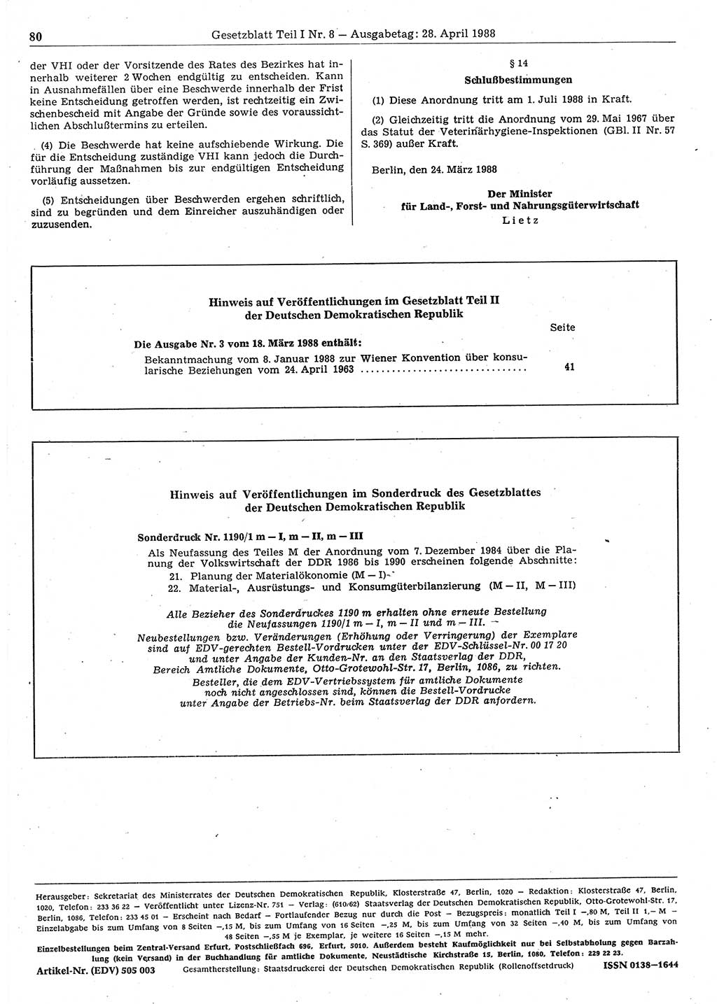 Gesetzblatt (GBl.) der Deutschen Demokratischen Republik (DDR) Teil Ⅰ 1988, Seite 80 (GBl. DDR Ⅰ 1988, S. 80)