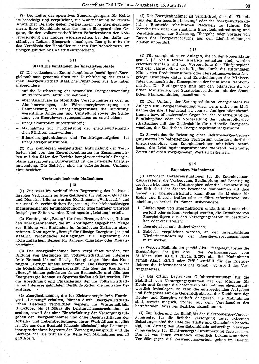 Gesetzblatt (GBl.) der Deutschen Demokratischen Republik (DDR) Teil Ⅰ 1988, Seite 93 (GBl. DDR Ⅰ 1988, S. 93)