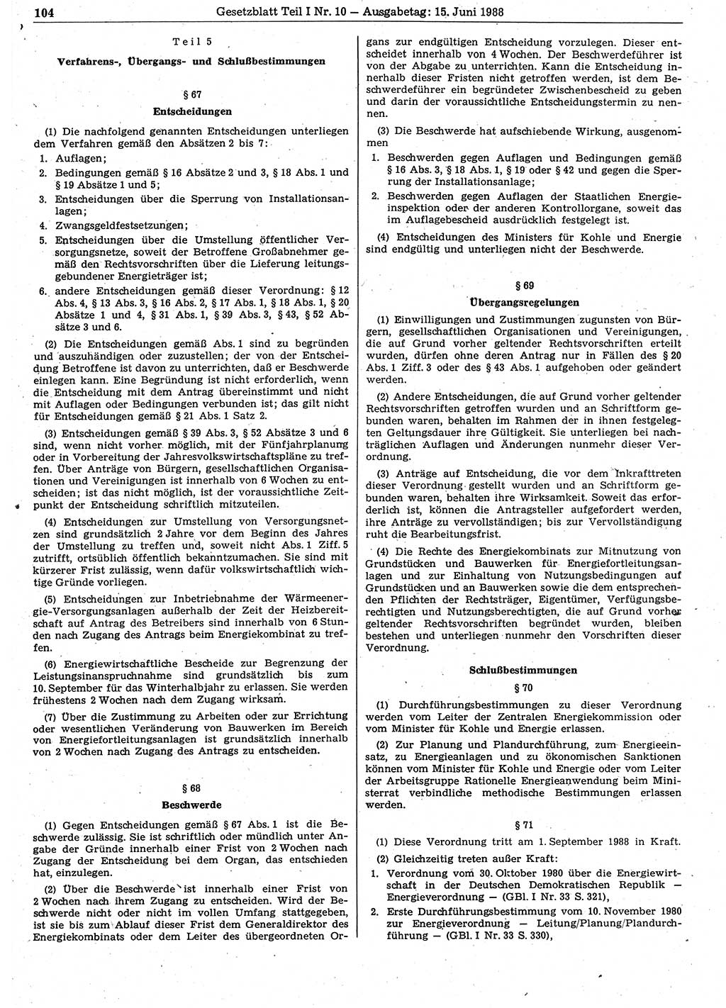 Gesetzblatt (GBl.) der Deutschen Demokratischen Republik (DDR) Teil Ⅰ 1988, Seite 104 (GBl. DDR Ⅰ 1988, S. 104)