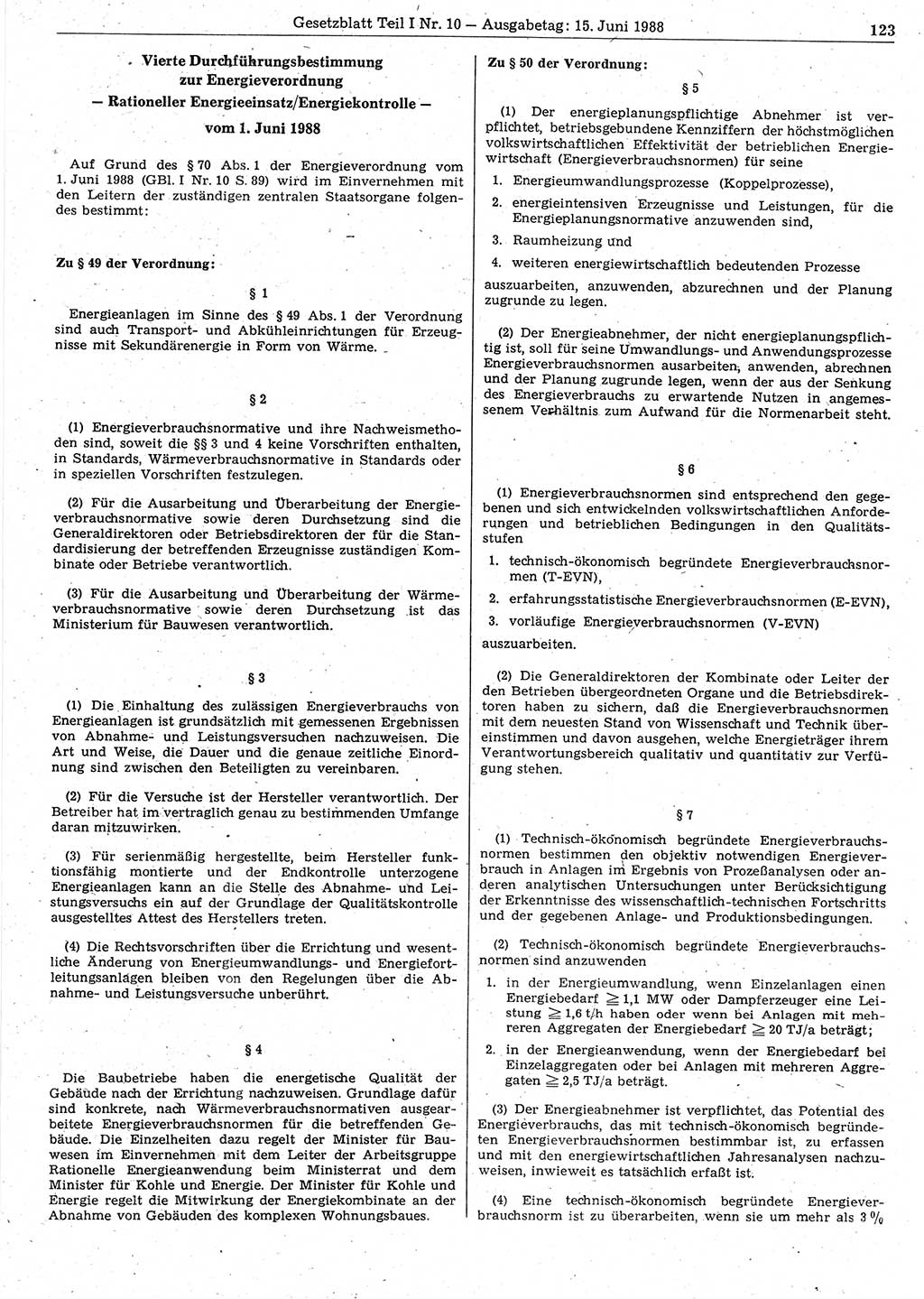 Gesetzblatt (GBl.) der Deutschen Demokratischen Republik (DDR) Teil Ⅰ 1988, Seite 123 (GBl. DDR Ⅰ 1988, S. 123)