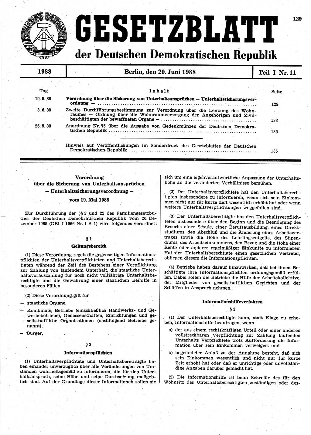 Gesetzblatt (GBl.) der Deutschen Demokratischen Republik (DDR) Teil Ⅰ 1988, Seite 129 (GBl. DDR Ⅰ 1988, S. 129)