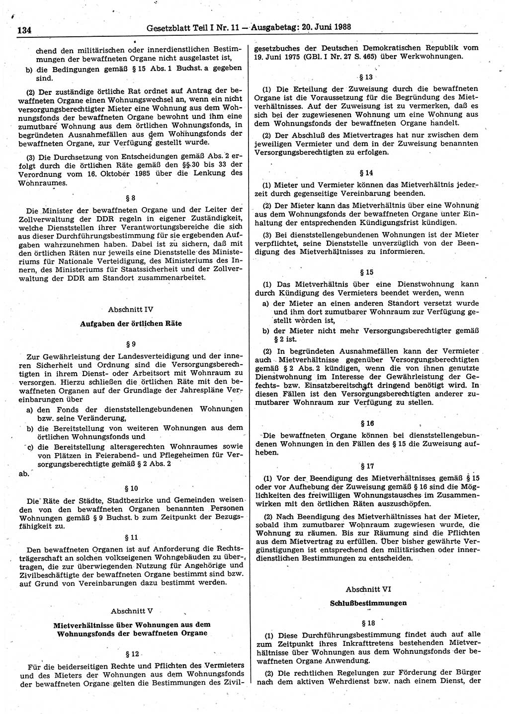 Gesetzblatt (GBl.) der Deutschen Demokratischen Republik (DDR) Teil Ⅰ 1988, Seite 134 (GBl. DDR Ⅰ 1988, S. 134)