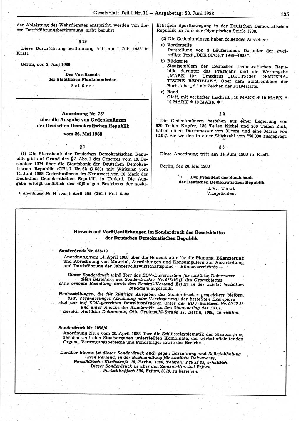 Gesetzblatt (GBl.) der Deutschen Demokratischen Republik (DDR) Teil Ⅰ 1988, Seite 135 (GBl. DDR Ⅰ 1988, S. 135)