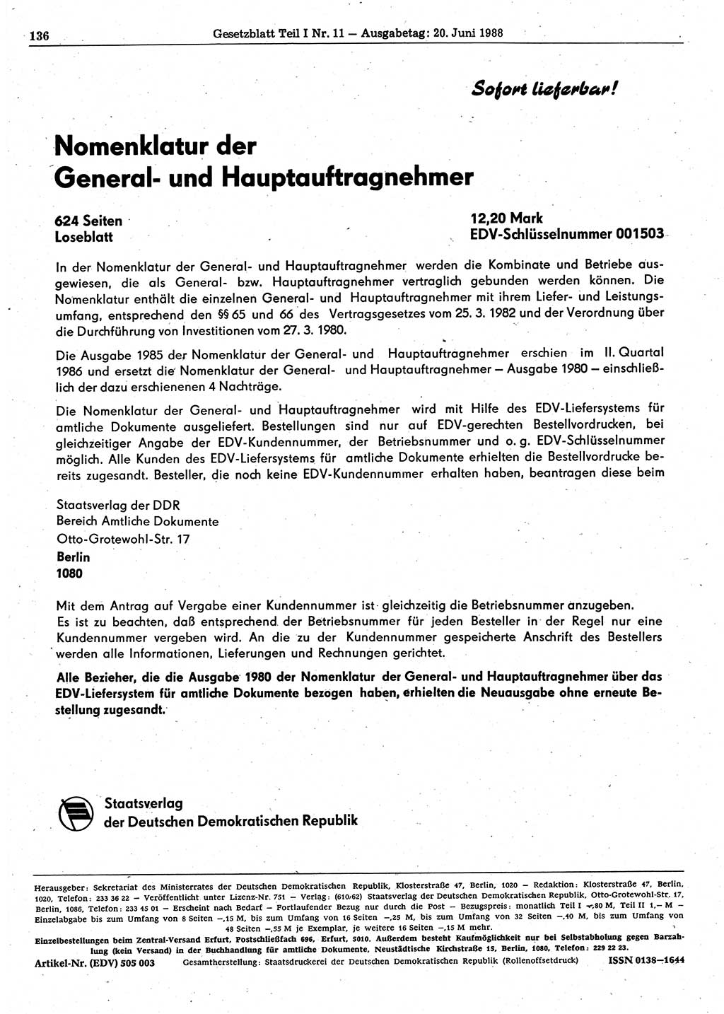 Gesetzblatt (GBl.) der Deutschen Demokratischen Republik (DDR) Teil Ⅰ 1988, Seite 136 (GBl. DDR Ⅰ 1988, S. 136)