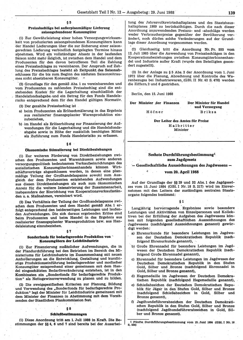 Gesetzblatt (GBl.) der Deutschen Demokratischen Republik (DDR) Teil Ⅰ 1988, Seite 139 (GBl. DDR Ⅰ 1988, S. 139)