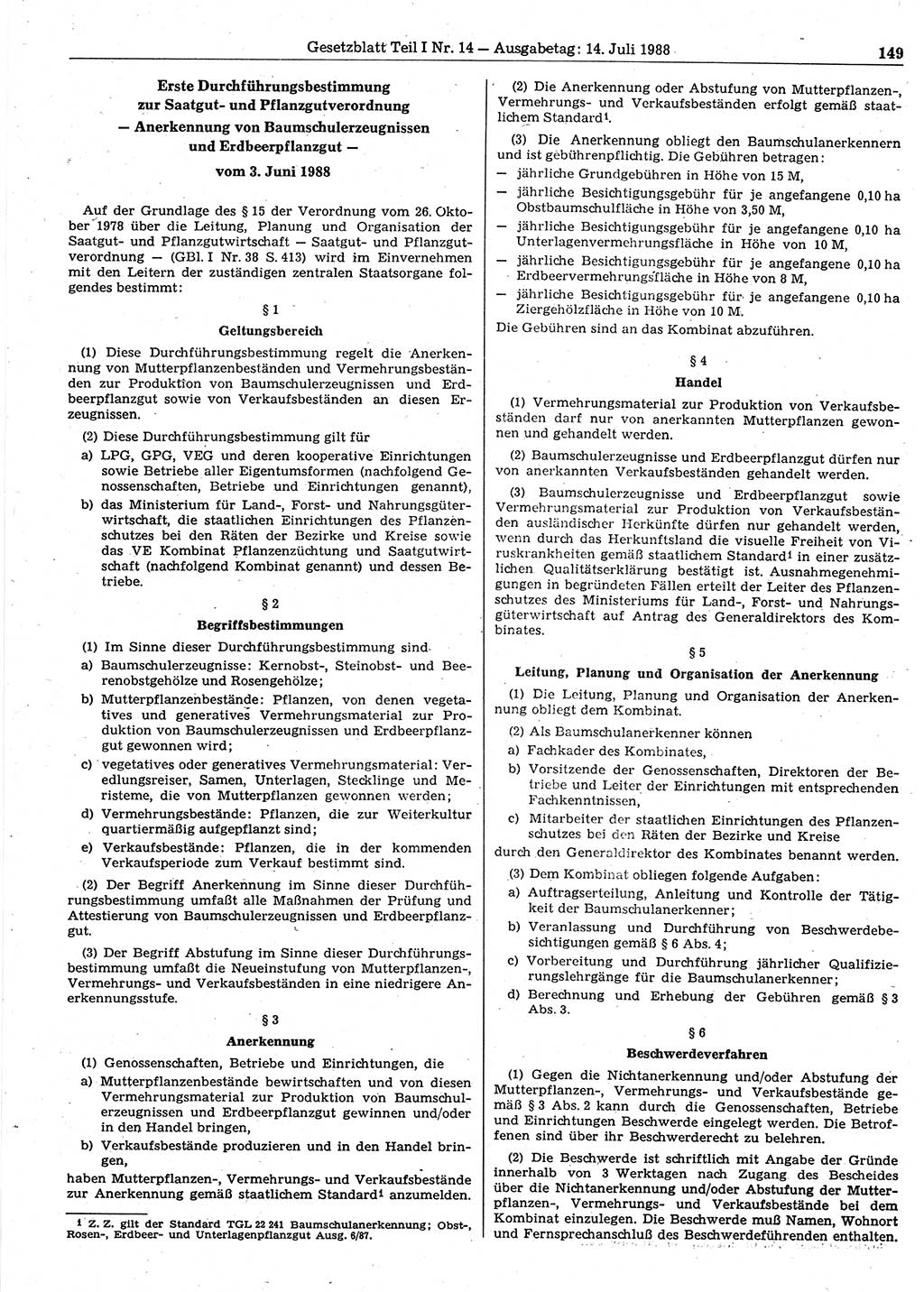 Gesetzblatt (GBl.) der Deutschen Demokratischen Republik (DDR) Teil Ⅰ 1988, Seite 149 (GBl. DDR Ⅰ 1988, S. 149)