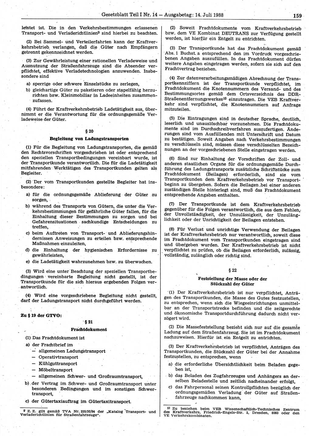 Gesetzblatt (GBl.) der Deutschen Demokratischen Republik (DDR) Teil Ⅰ 1988, Seite 159 (GBl. DDR Ⅰ 1988, S. 159)