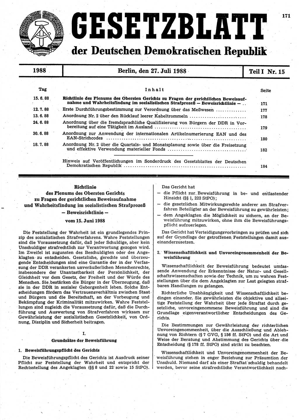 Gesetzblatt (GBl.) der Deutschen Demokratischen Republik (DDR) Teil Ⅰ 1988, Seite 171 (GBl. DDR Ⅰ 1988, S. 171)