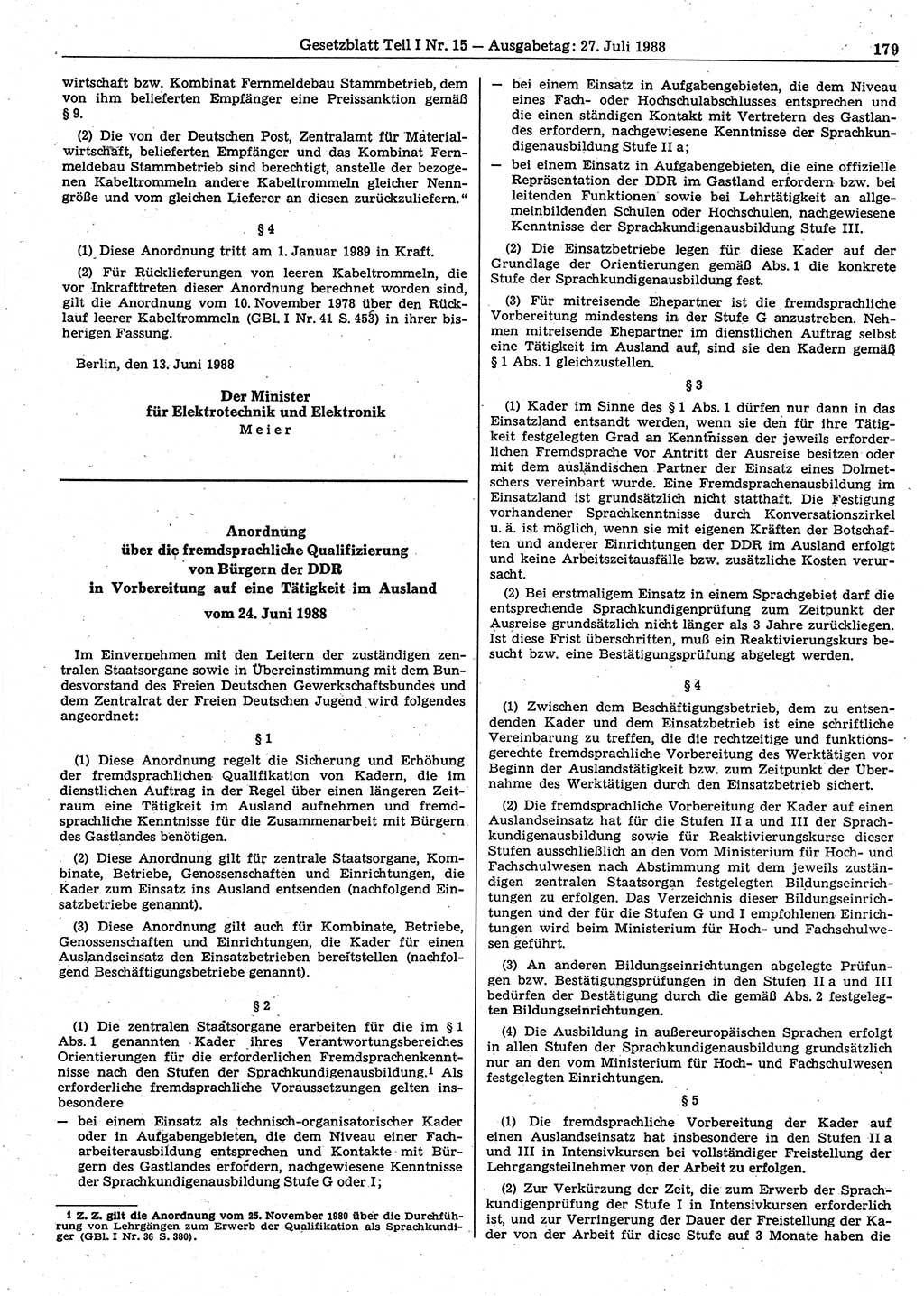 Gesetzblatt (GBl.) der Deutschen Demokratischen Republik (DDR) Teil Ⅰ 1988, Seite 179 (GBl. DDR Ⅰ 1988, S. 179)