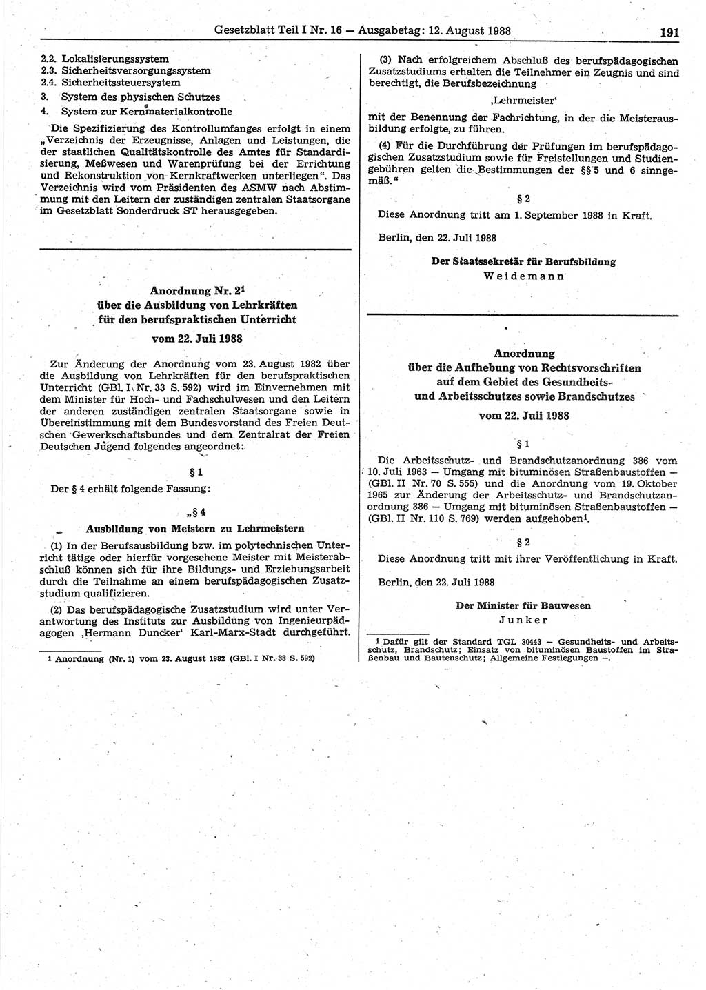 Gesetzblatt (GBl.) der Deutschen Demokratischen Republik (DDR) Teil Ⅰ 1988, Seite 191 (GBl. DDR Ⅰ 1988, S. 191)