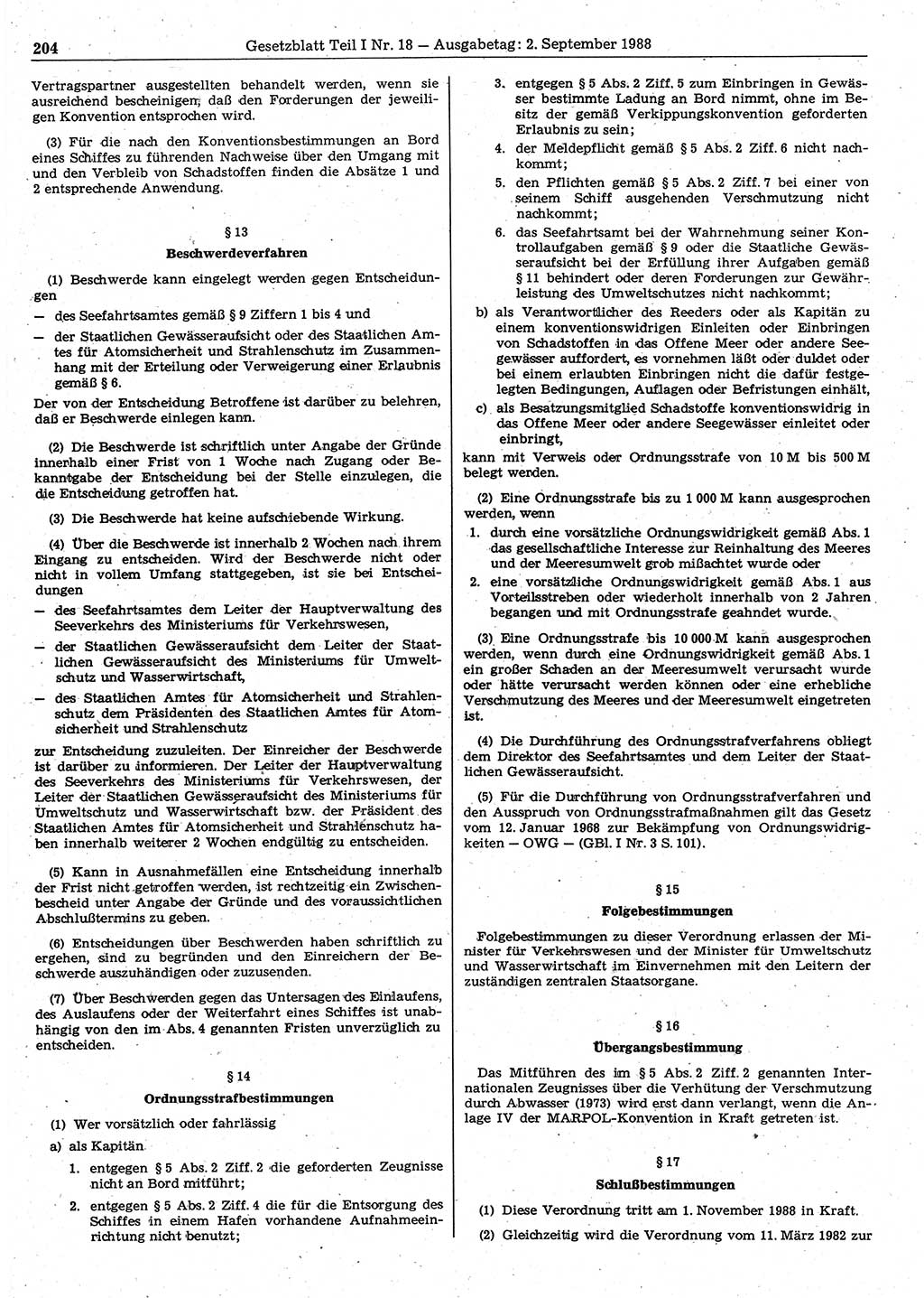 Gesetzblatt (GBl.) der Deutschen Demokratischen Republik (DDR) Teil Ⅰ 1988, Seite 204 (GBl. DDR Ⅰ 1988, S. 204)