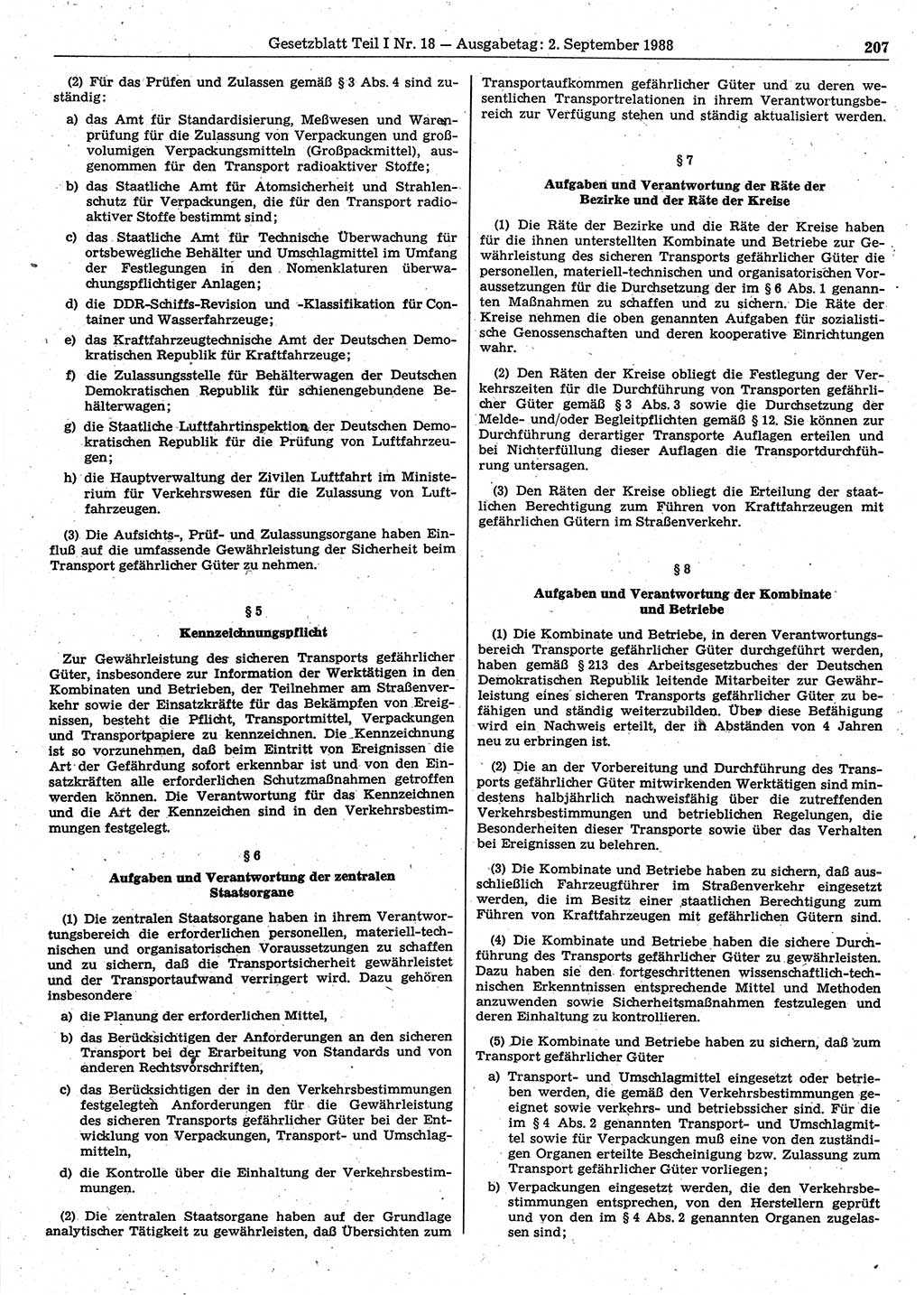 Gesetzblatt (GBl.) der Deutschen Demokratischen Republik (DDR) Teil Ⅰ 1988, Seite 207 (GBl. DDR Ⅰ 1988, S. 207)
