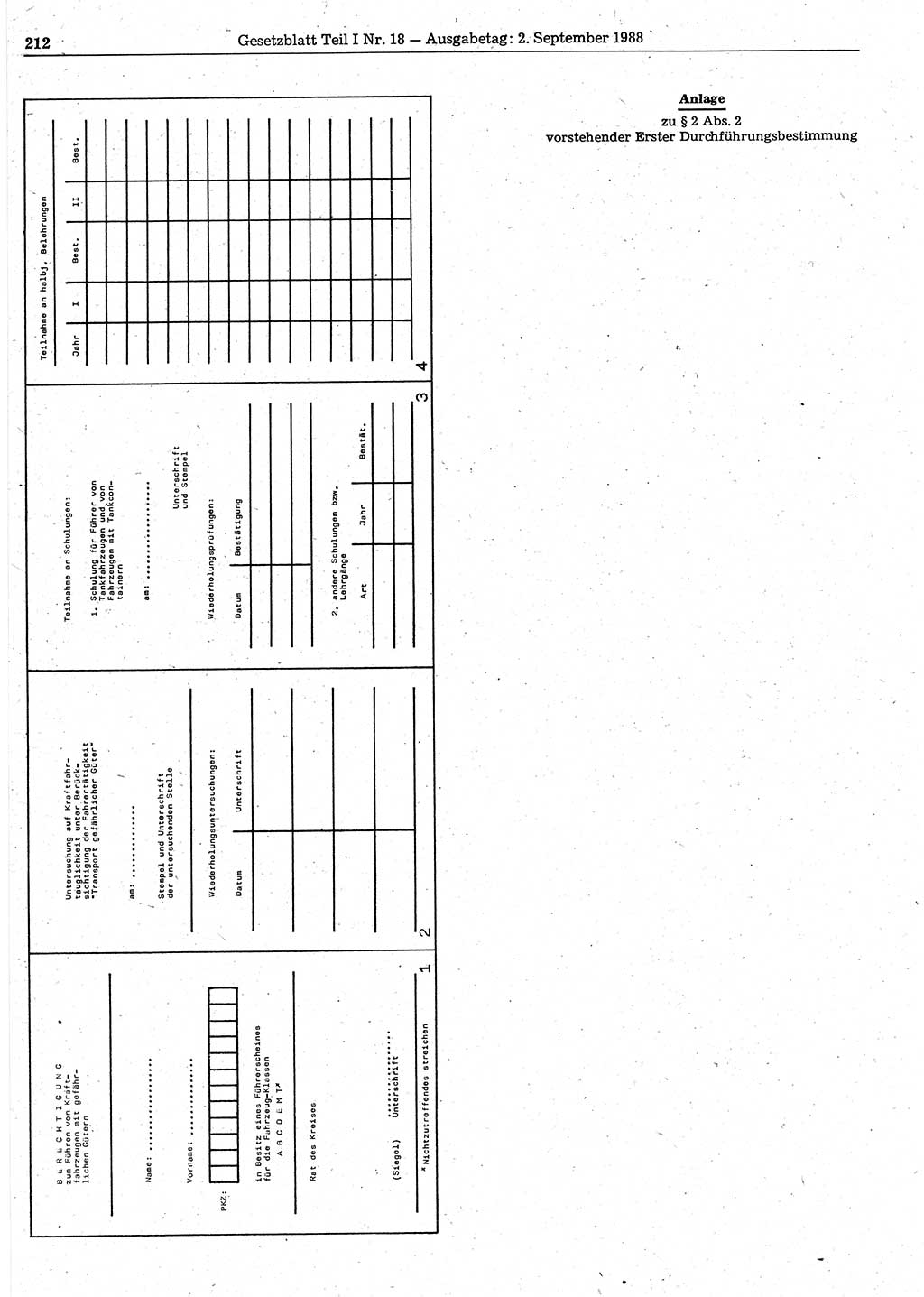 Gesetzblatt (GBl.) der Deutschen Demokratischen Republik (DDR) Teil Ⅰ 1988, Seite 212 (GBl. DDR Ⅰ 1988, S. 212)