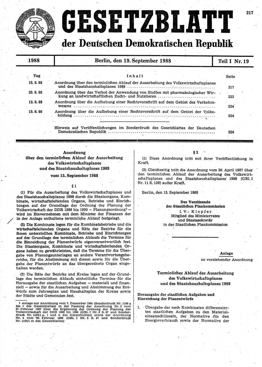 Gesetzblatt (GBl.) der Deutschen Demokratischen Republik (DDR) Teil Ⅰ 1988, Seite 217 (GBl. DDR Ⅰ 1988, S. 217)