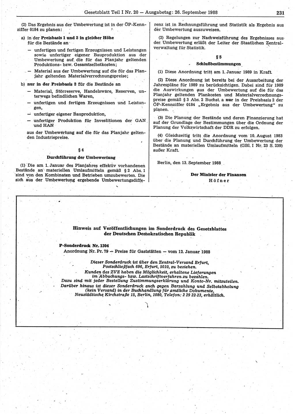 Gesetzblatt (GBl.) der Deutschen Demokratischen Republik (DDR) Teil Ⅰ 1988, Seite 231 (GBl. DDR Ⅰ 1988, S. 231)