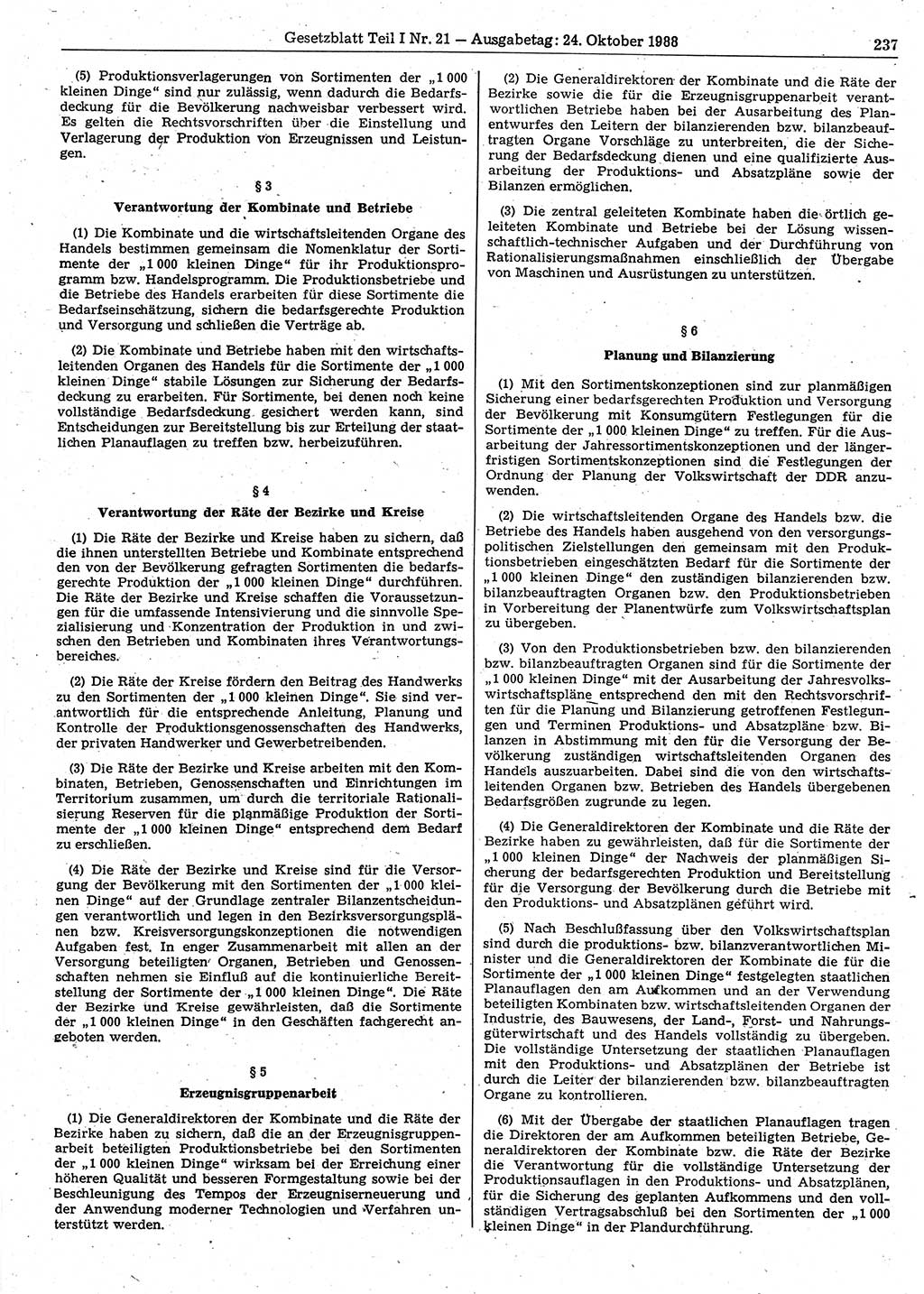 Gesetzblatt (GBl.) der Deutschen Demokratischen Republik (DDR) Teil Ⅰ 1988, Seite 237 (GBl. DDR Ⅰ 1988, S. 237)