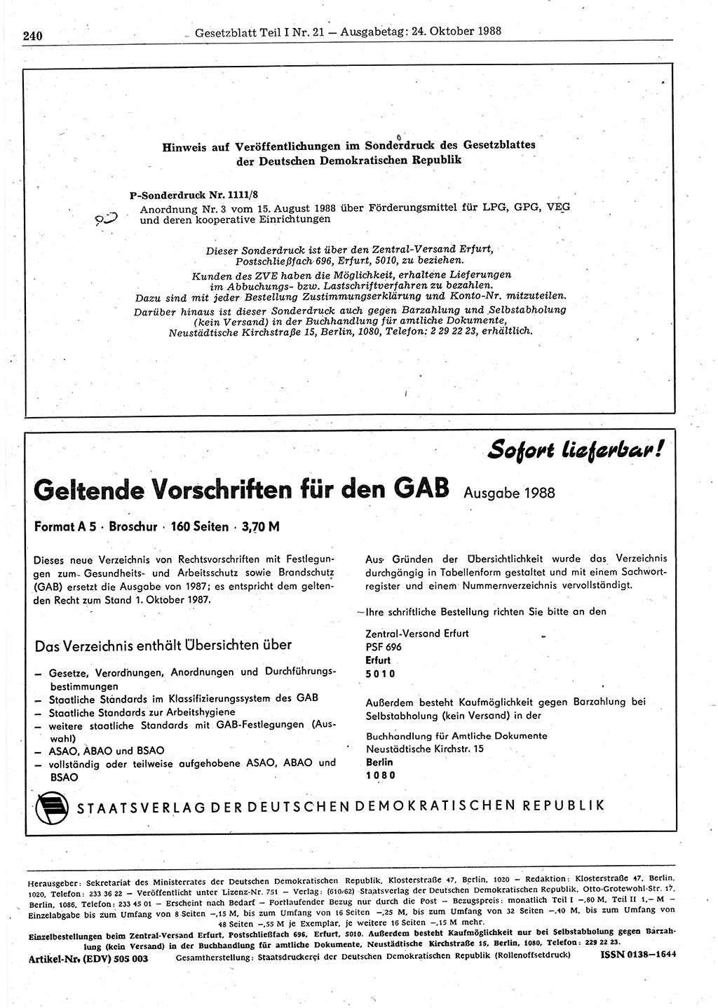 Gesetzblatt (GBl.) der Deutschen Demokratischen Republik (DDR) Teil Ⅰ 1988, Seite 240 (GBl. DDR Ⅰ 1988, S. 240)