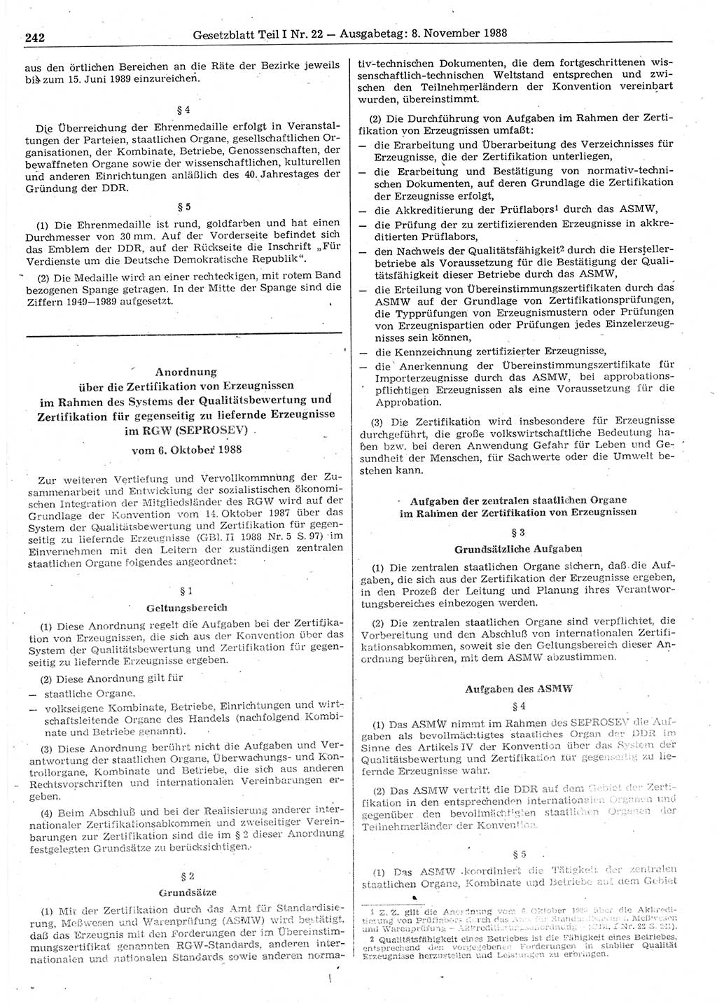 Gesetzblatt (GBl.) der Deutschen Demokratischen Republik (DDR) Teil Ⅰ 1988, Seite 242 (GBl. DDR Ⅰ 1988, S. 242)