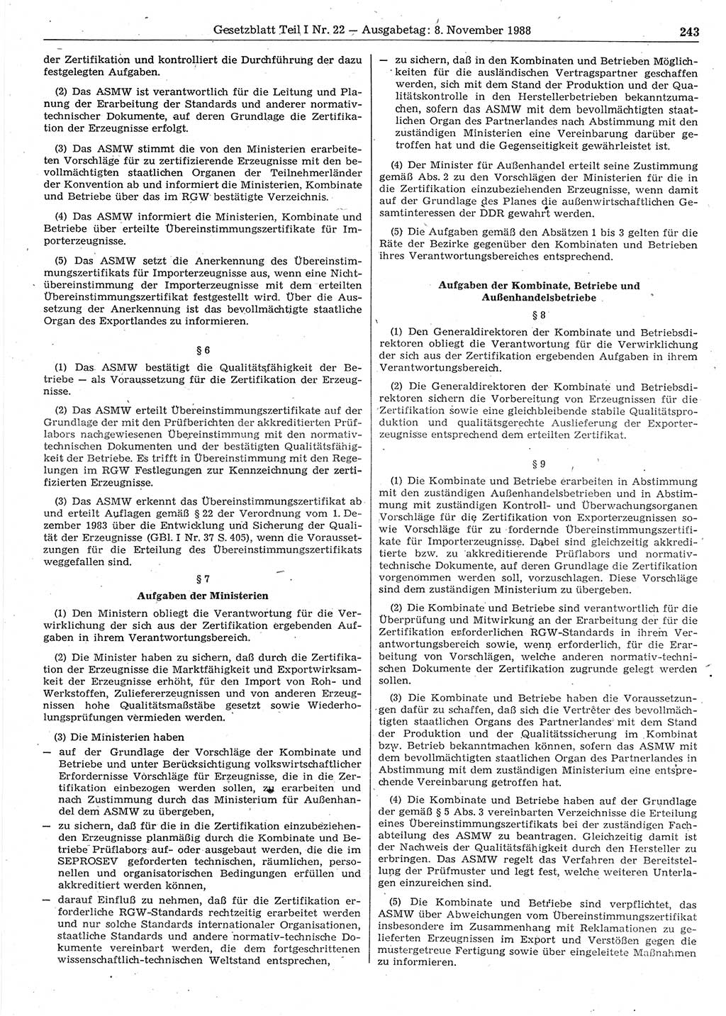 Gesetzblatt (GBl.) der Deutschen Demokratischen Republik (DDR) Teil Ⅰ 1988, Seite 243 (GBl. DDR Ⅰ 1988, S. 243)