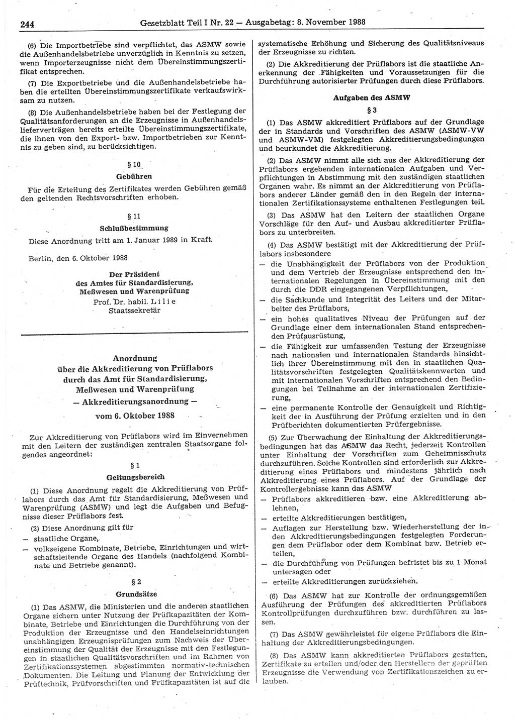 Gesetzblatt (GBl.) der Deutschen Demokratischen Republik (DDR) Teil Ⅰ 1988, Seite 244 (GBl. DDR Ⅰ 1988, S. 244)