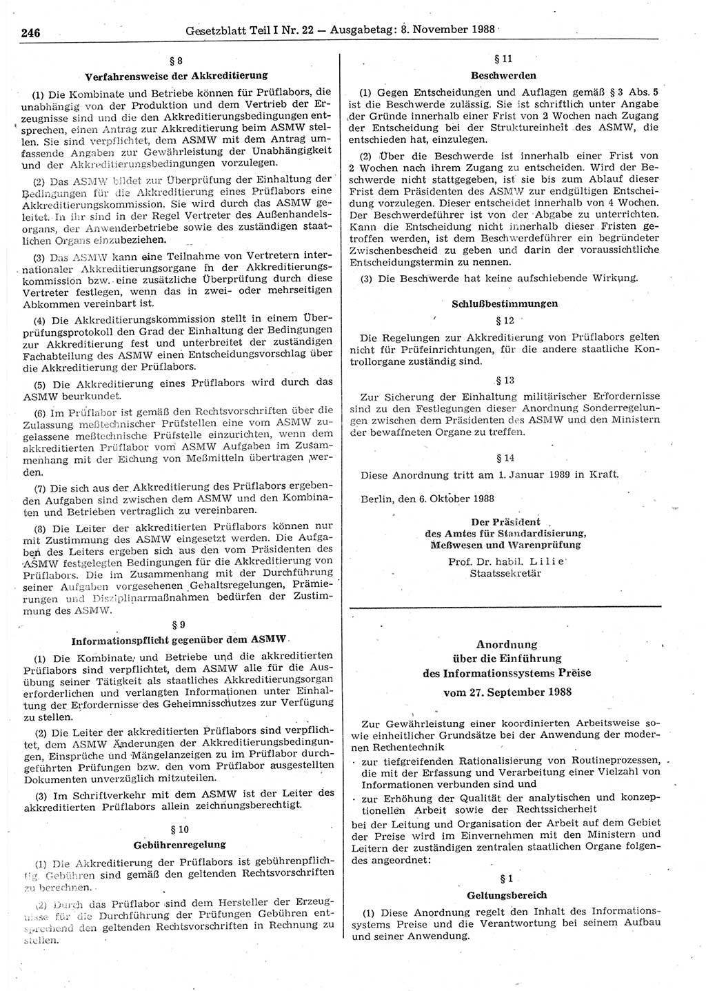 Gesetzblatt (GBl.) der Deutschen Demokratischen Republik (DDR) Teil Ⅰ 1988, Seite 246 (GBl. DDR Ⅰ 1988, S. 246)