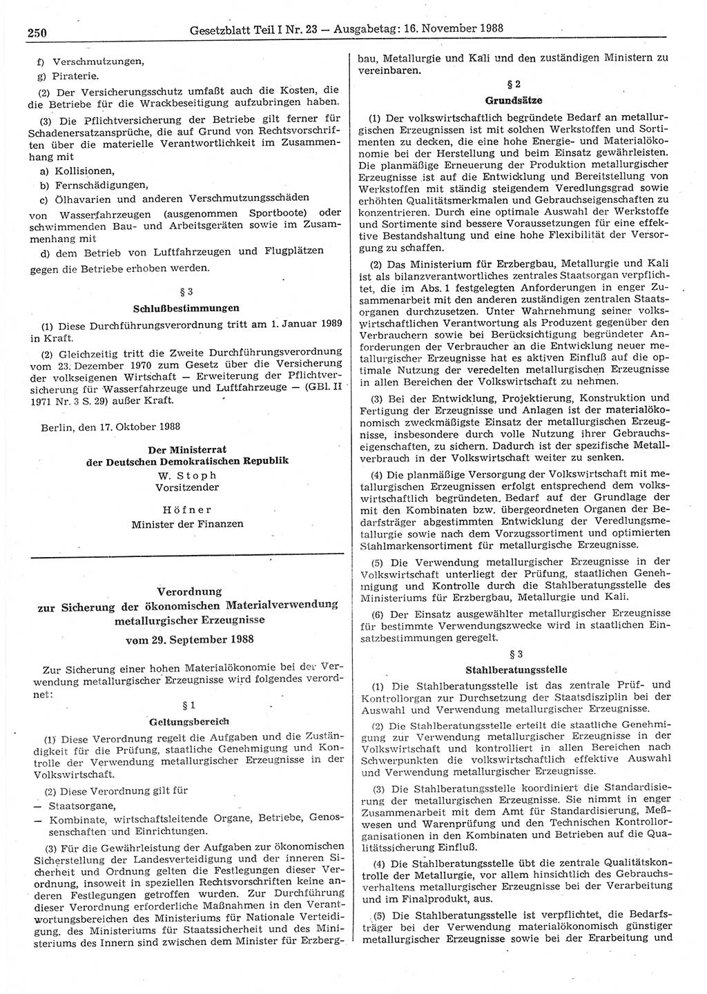 Gesetzblatt (GBl.) der Deutschen Demokratischen Republik (DDR) Teil Ⅰ 1988, Seite 250 (GBl. DDR Ⅰ 1988, S. 250)