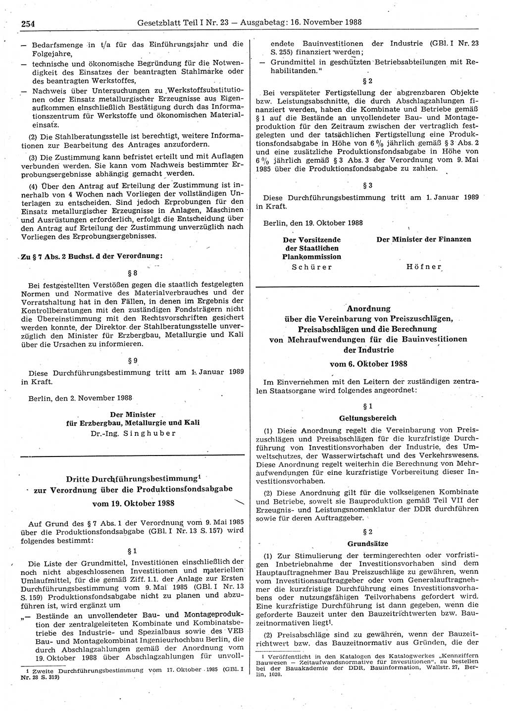 Gesetzblatt (GBl.) der Deutschen Demokratischen Republik (DDR) Teil Ⅰ 1988, Seite 254 (GBl. DDR Ⅰ 1988, S. 254)