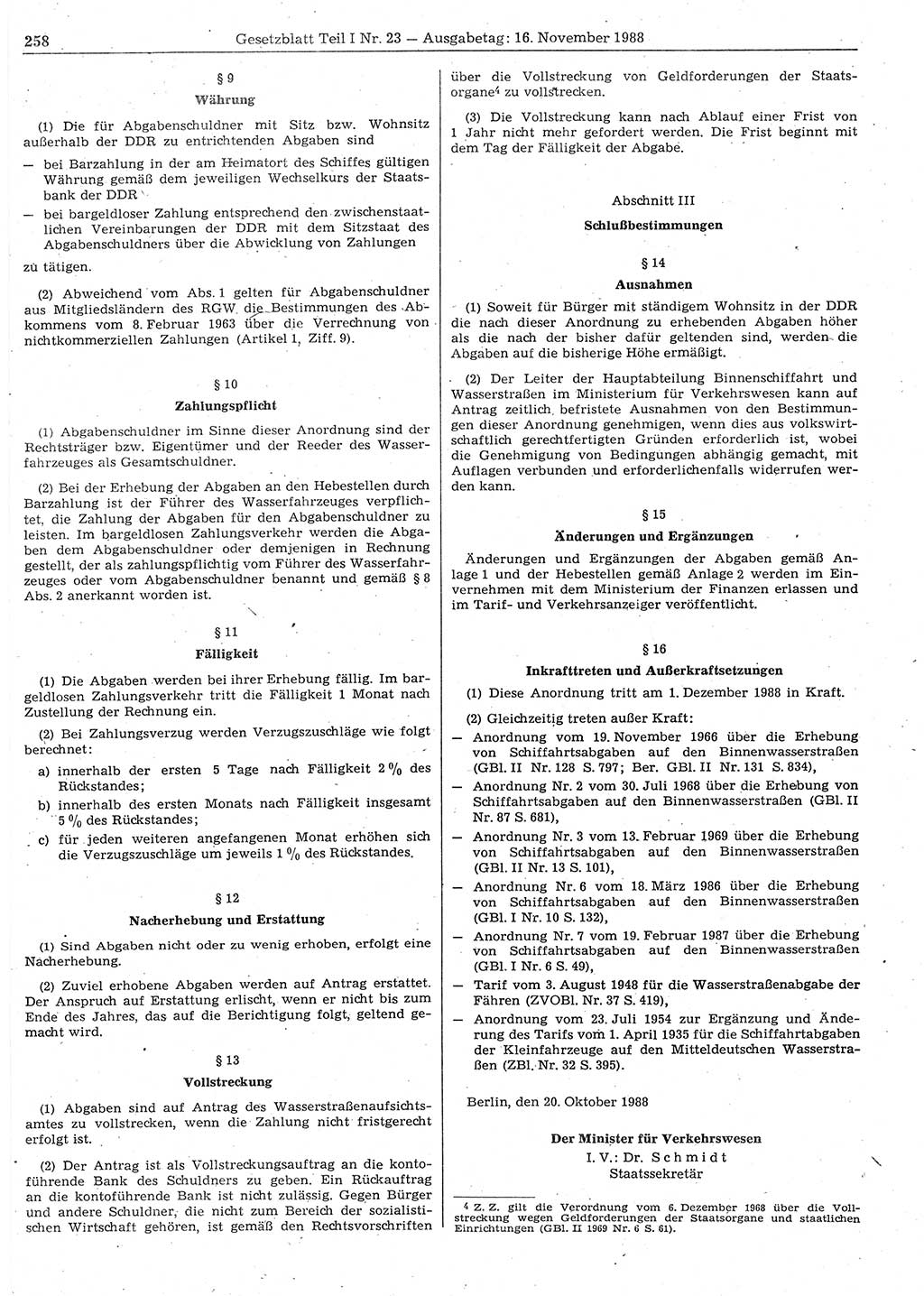 Gesetzblatt (GBl.) der Deutschen Demokratischen Republik (DDR) Teil Ⅰ 1988, Seite 258 (GBl. DDR Ⅰ 1988, S. 258)