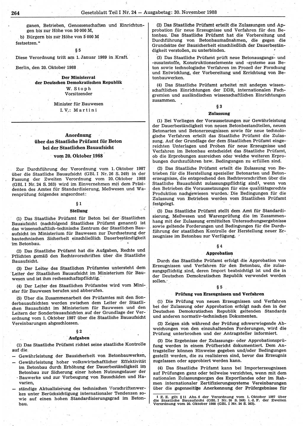 Gesetzblatt (GBl.) der Deutschen Demokratischen Republik (DDR) Teil Ⅰ 1988, Seite 264 (GBl. DDR Ⅰ 1988, S. 264)