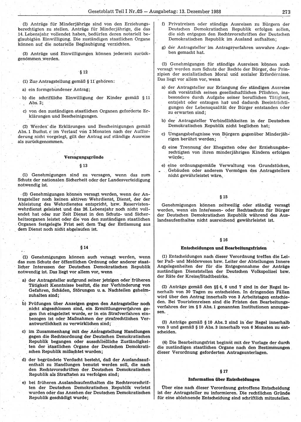 Gesetzblatt (GBl.) der Deutschen Demokratischen Republik (DDR) Teil Ⅰ 1988, Seite 273 (GBl. DDR Ⅰ 1988, S. 273)