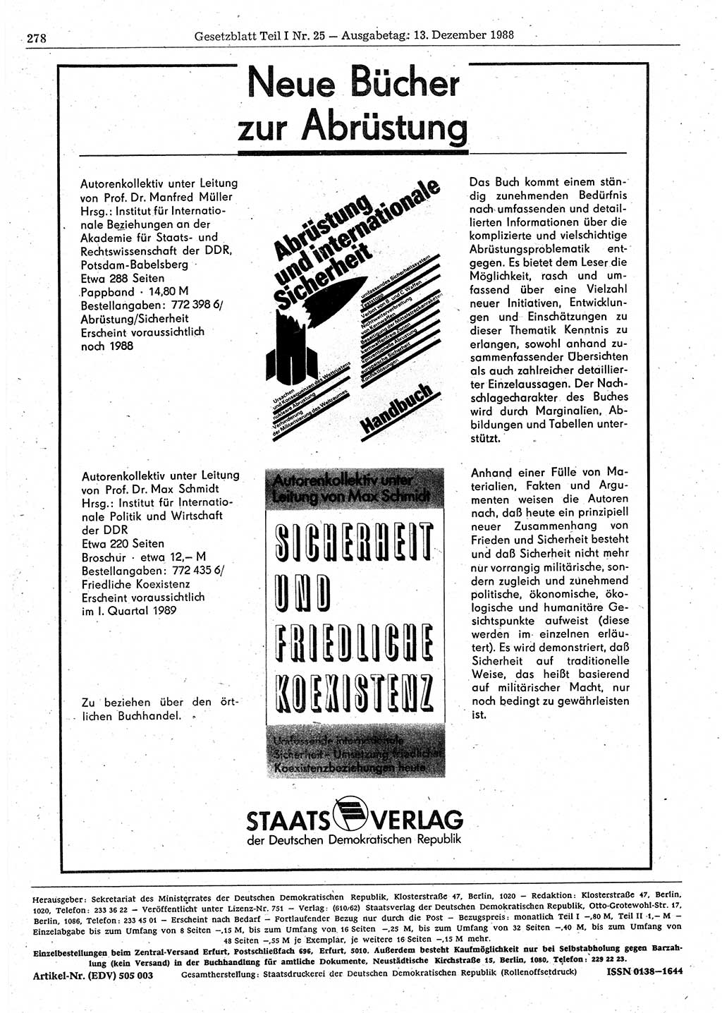 Gesetzblatt (GBl.) der Deutschen Demokratischen Republik (DDR) Teil Ⅰ 1988, Seite 278 (GBl. DDR Ⅰ 1988, S. 278)
