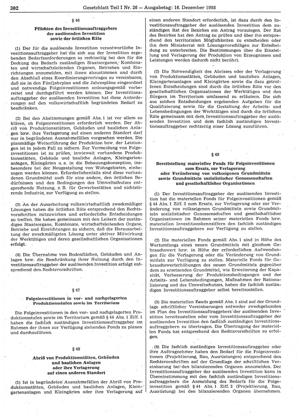 Gesetzblatt (GBl.) der Deutschen Demokratischen Republik (DDR) Teil Ⅰ 1988, Seite 302 (GBl. DDR Ⅰ 1988, S. 302)