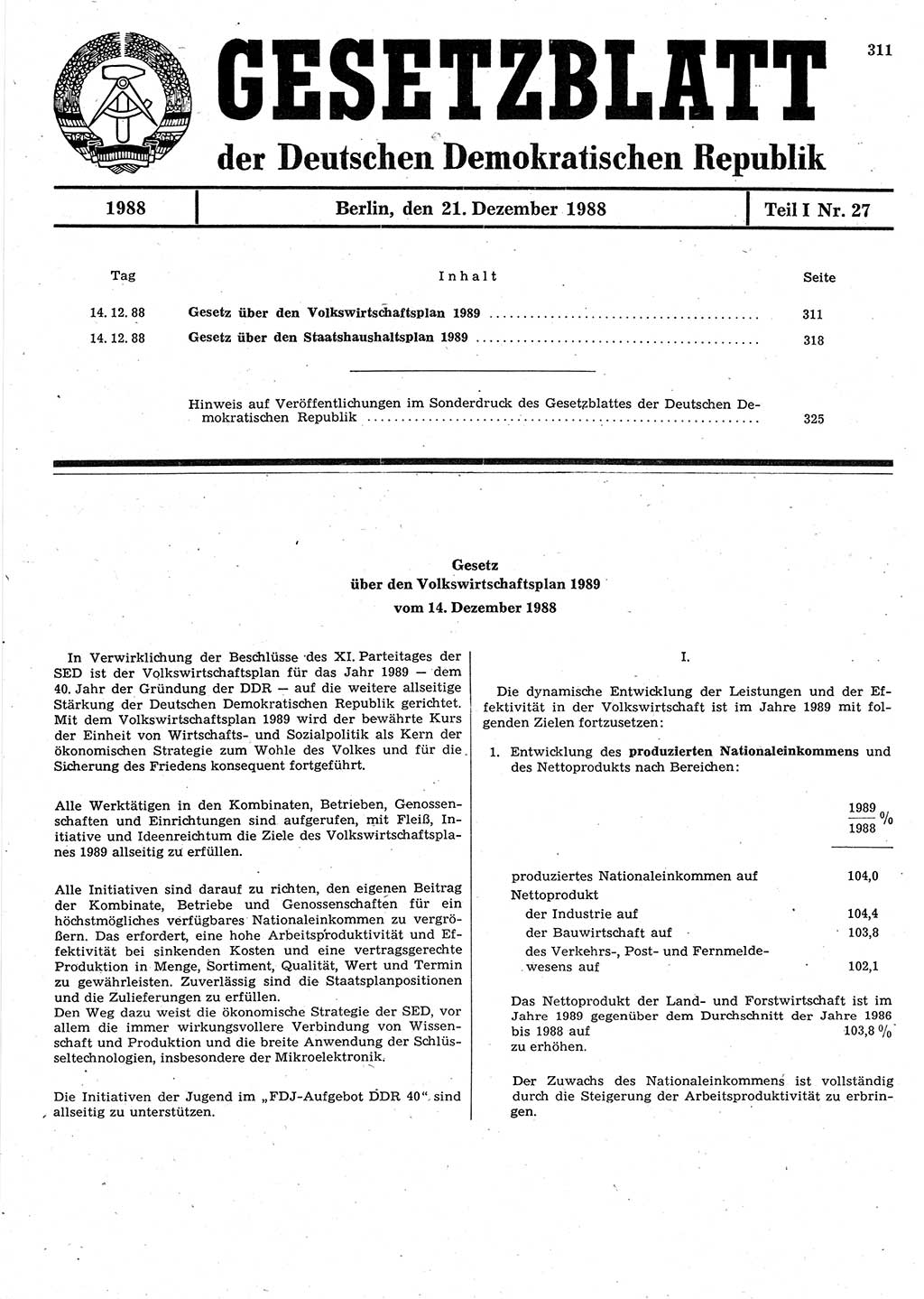 Gesetzblatt (GBl.) der Deutschen Demokratischen Republik (DDR) Teil Ⅰ 1988, Seite 311 (GBl. DDR Ⅰ 1988, S. 311)