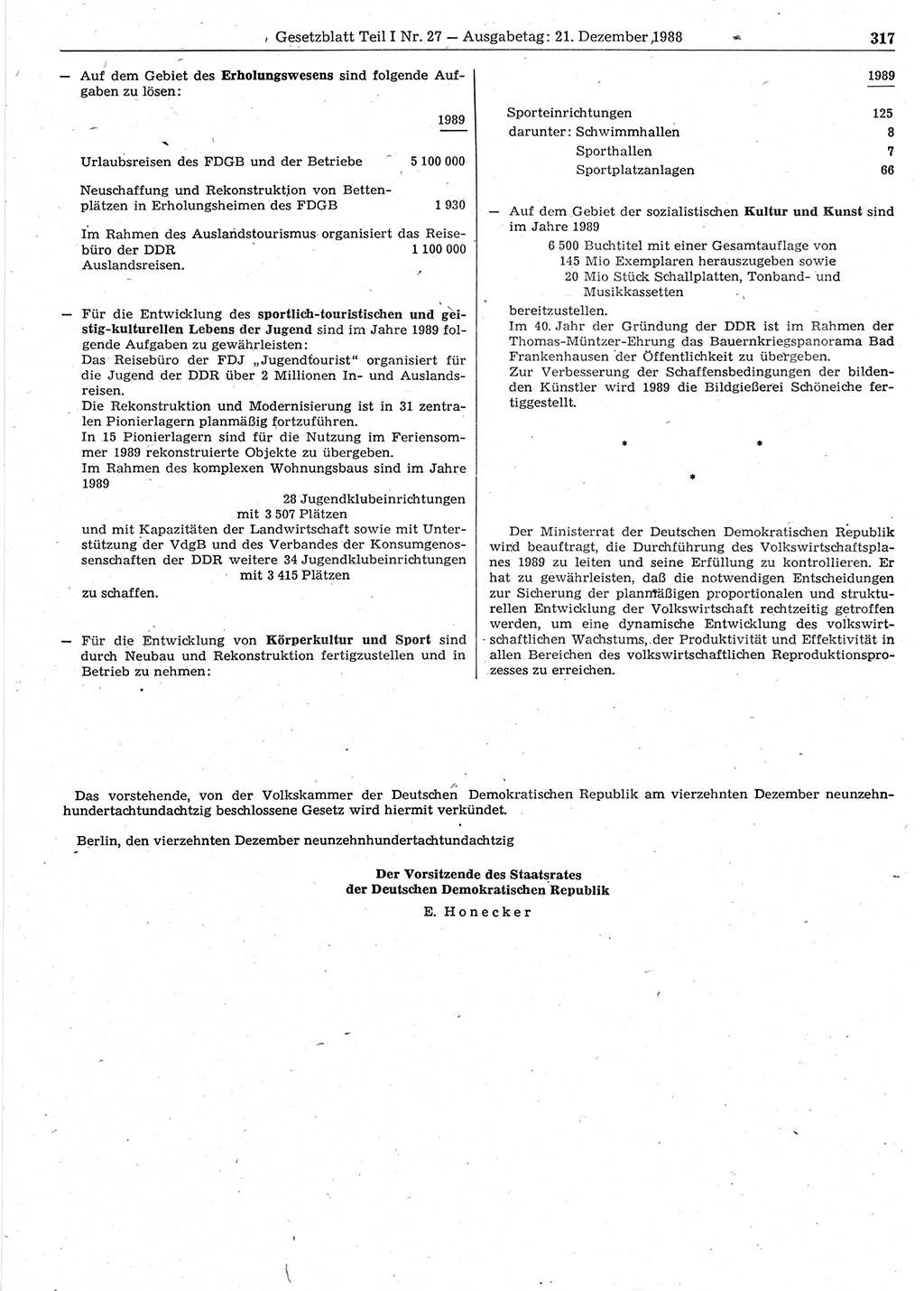 Gesetzblatt (GBl.) der Deutschen Demokratischen Republik (DDR) Teil Ⅰ 1988, Seite 317 (GBl. DDR Ⅰ 1988, S. 317)