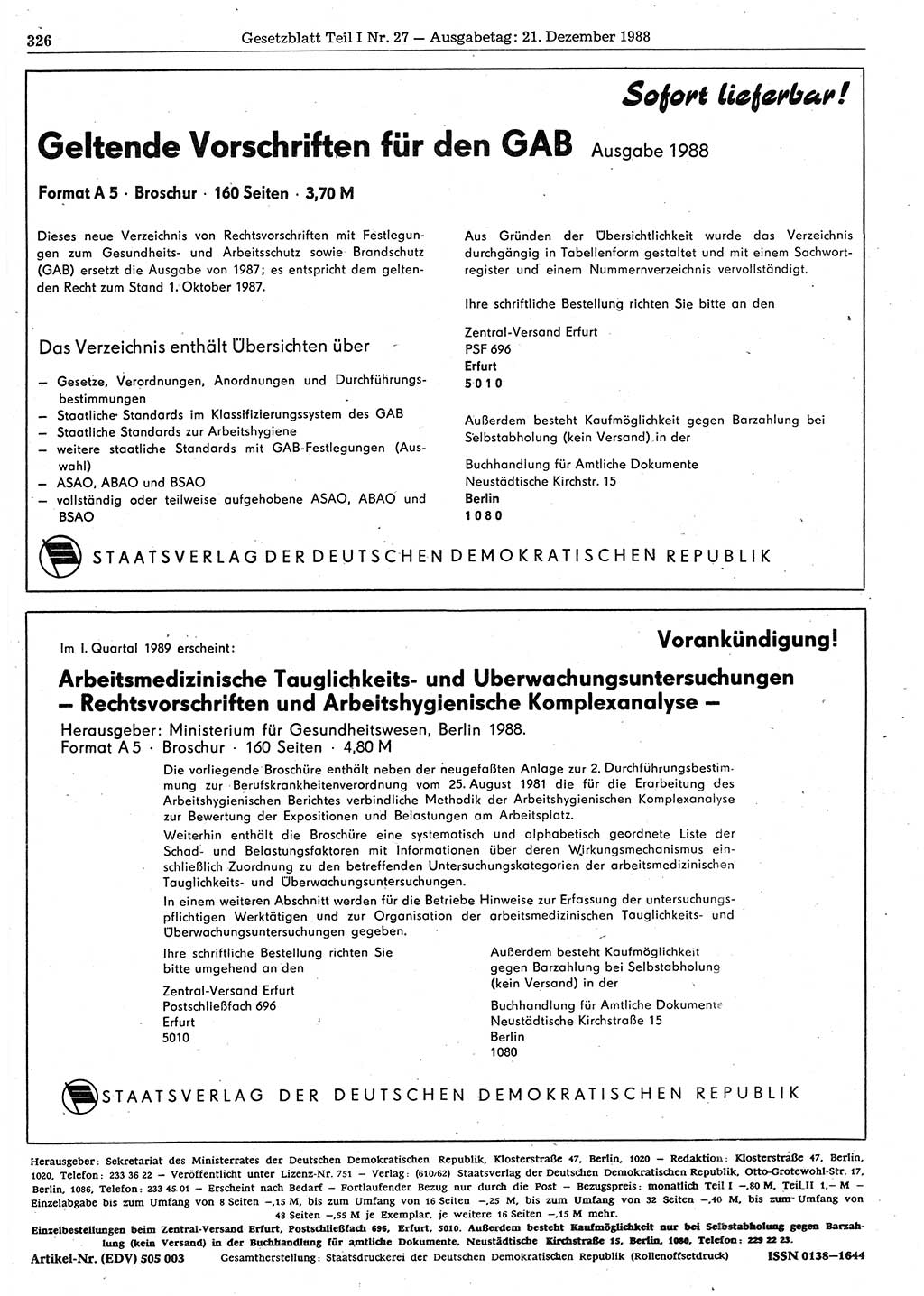 Gesetzblatt (GBl.) der Deutschen Demokratischen Republik (DDR) Teil Ⅰ 1988, Seite 326 (GBl. DDR Ⅰ 1988, S. 326)
