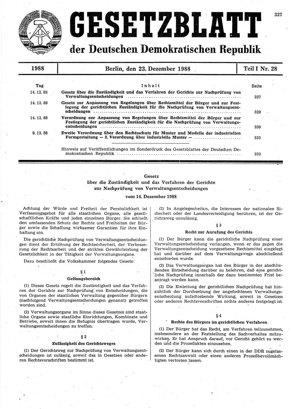 Gesetzblatt (GBl.) der Deutschen Demokratischen Republik (DDR) Teil Ⅰ 1988, Seite 327 (GBl. DDR Ⅰ 1988, S. 327)
