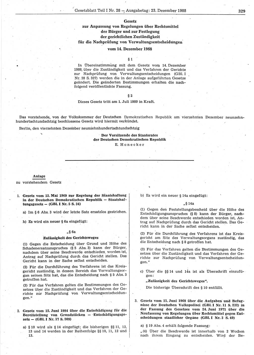 Gesetzblatt (GBl.) der Deutschen Demokratischen Republik (DDR) Teil Ⅰ 1988, Seite 329 (GBl. DDR Ⅰ 1988, S. 329)