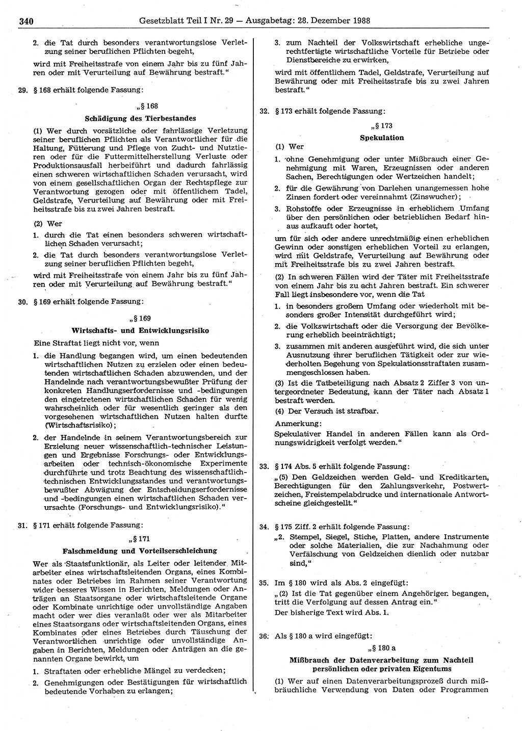 Gesetzblatt (GBl.) der Deutschen Demokratischen Republik (DDR) Teil Ⅰ 1988, Seite 340 (GBl. DDR Ⅰ 1988, S. 340)